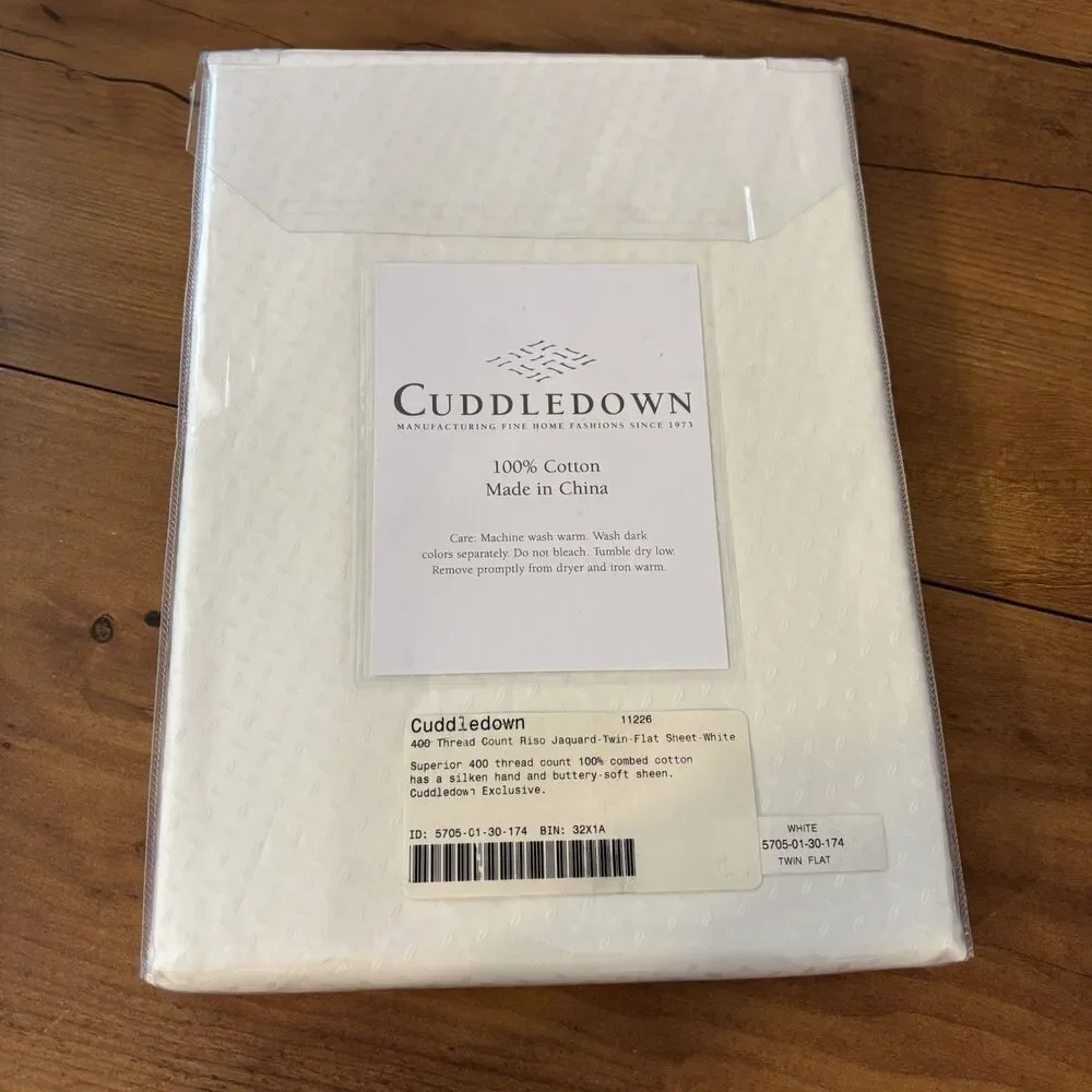 CUDDLEDOWN 400 Thread Count Flat Sheet, Twin, White Riso Jacquard Combed Cotton